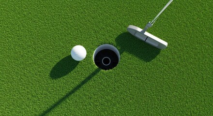 Overhead view of a golf ball and putter on a bright green golf course putting green