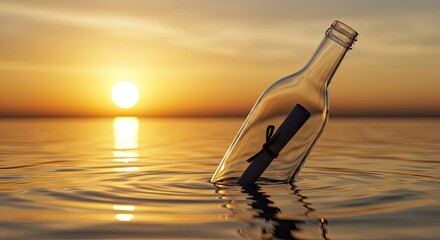 Message in a bottle floats on calm ocean water at sunset with golden light reflecting