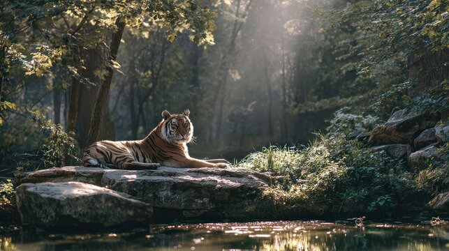 Tiger in lush forest resting