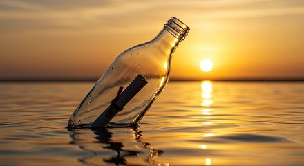 Message in a bottle floats on calm ocean water at sunset with golden light
