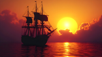Dramatic silhouette of an old wooden sailing ship at sunset