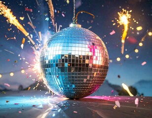 A disco ball exploding in a vibrant night scene