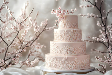 Elegant five tier wedding cake with soft pastel blush decor in romantic floral setting