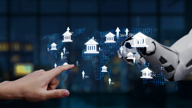 A captivating image showcasing a human hand interacting with a robotic hand, highlighting global finance trends through digital data visualization, symbolizing collaboration. Synapse