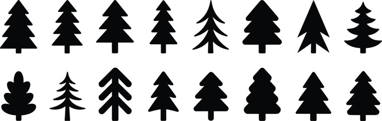 Tree silhouette illustration, sixteen stylized tree shapes coniferous and deciduous forms black white layout, nature vector clipart artwork design © Shahadot Creatives