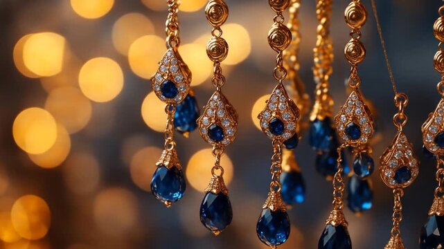 Gold and blue dangle earrings, detailed close-up, with bokeh background