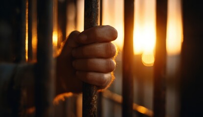 A hand reaching through prison bars at sunset