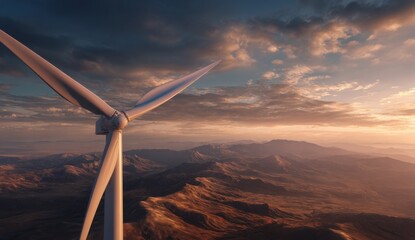 Wind turbine at sunset over desert mountains