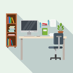 Home office workspace with computer, bookshelves, and chair.