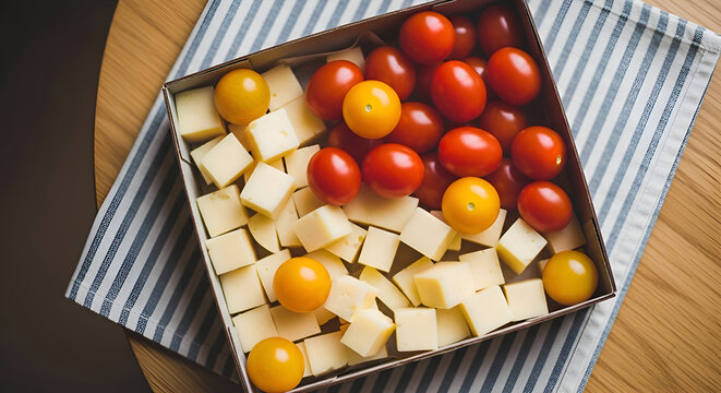 Fresh Appetizer Display of Cherry Tomatoes and Cheese Cubes Presented Atop Fabric Surface
