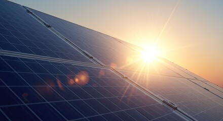 Golden sun setting behind a field of solar panels reflecting warm light