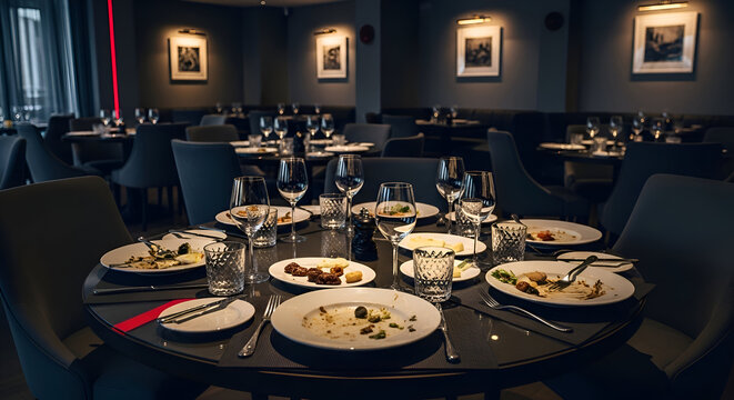 Elegant restaurant setting after meal with plates and glasses, dining concept