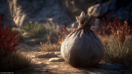 Obraz premium Rustic Sack on Nature Trail Surrounded by Grass and Rocks