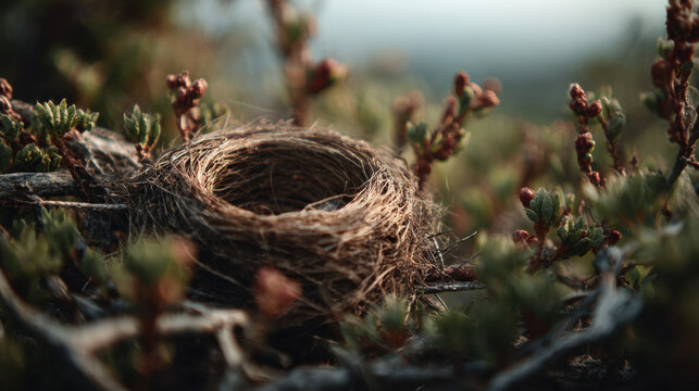 Nest resting among natural foliage with soft morning light filtering through, surrounded by budding branches and fresh green leaves, creating a serene outdoor atmosphere.