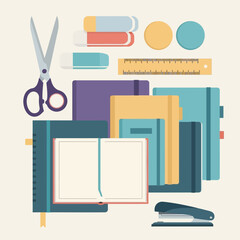 Flatlay of stationery items including notebooks, scissors, erasers, and a stapler.
