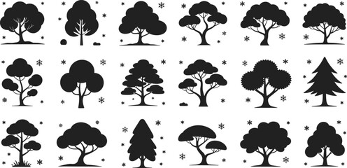 Tree silhouette illustration, twenty stylized tree shapes with decorative elements stars snowflakes bushes black white grid layout, vector clipart artwork