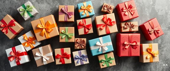 Assorted gift boxes arranged on a surface, viewed from above, gift box,  background