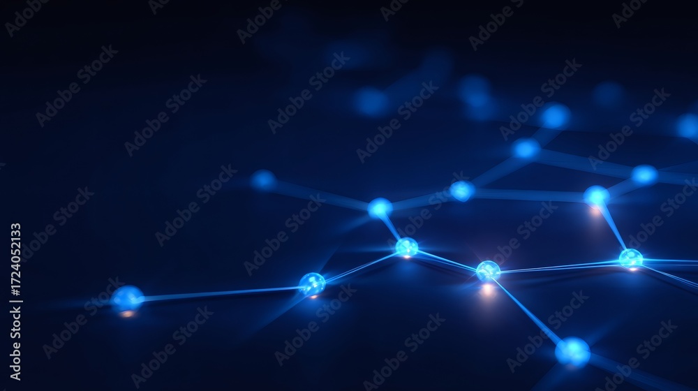 Wall mural blue glowing connection network with abstract spheres. digital grid creating data points. concept of