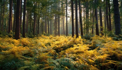 Obraz premium Sunlight streams through a golden fern forest