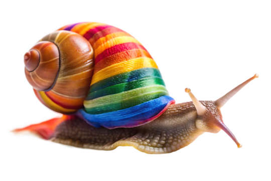 Rainbow Striped Snail with Brown Shell on Transparent Background mollusk gastropod cutout PNG isolated on a transparent background - Powered by Adobe