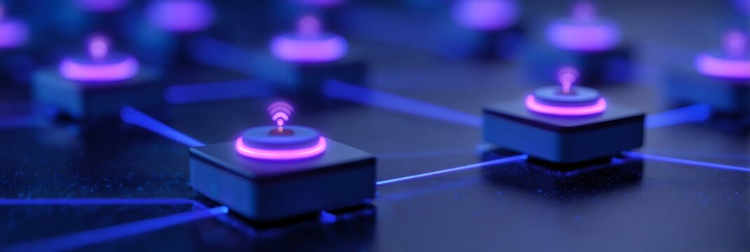 Abstract display of networked devices with glowing wifi symbols. Modern technology concept for internet connection.
