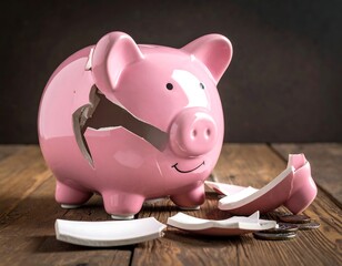 Broken piggy bank on wooden table