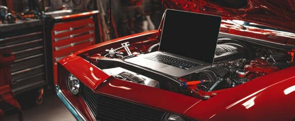 The muscle car with a laptop on its engine undergoing diagnostics in a garage