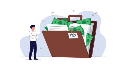 A man standing and looking at a large overflowing briefcase full of cash and tax documents.