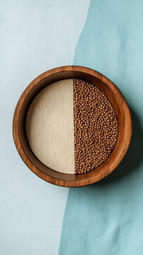 Minimalist Flat Lay of a Wooden Bowl Half-Full of Raw Buckwheat Grains on a Blue Background