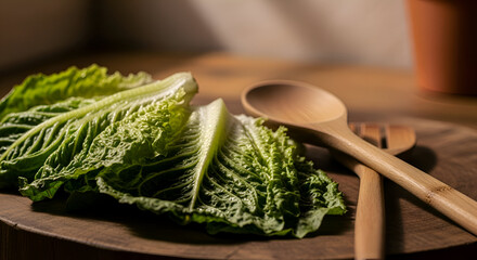 Fresh organic lettuce salad leaves on a wooden surface with kitchen utensils and soft lights