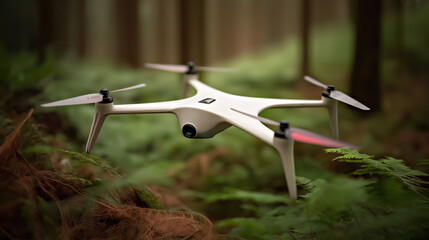 Biodegradable drone with small camera made from PLA bioplastic hovering above ground in forest. Technology, surveillance, nature exploration