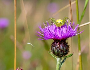 Close-up of a vibrant green and yellow spider on a purple thistle flower