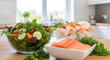 Fresh Seafood Presentation With Salmon, Shrimp, And Salad Displayed On a Modern Kitchen Table