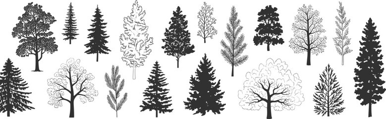 Tree silhouette illustration, twenty stylized tree shapes with varied foliage textures coniferous and deciduous forms black white layout, vector clipart artwork