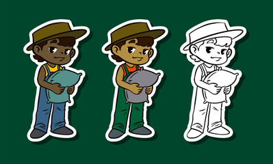 Boy gardener with wide hat carrying fertilizer sack sticker illustration