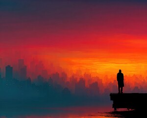 Fototapeta premium A vibrant cityscape at dawn, with a silhouette of an accountant ready for the day ahead.