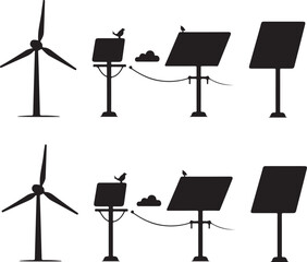 Black and white illustration of renewable energy with solar panel wind turbine
