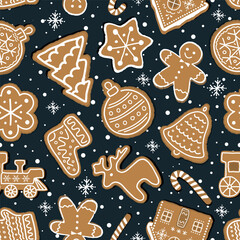 Christmas Cookies Pattern. Seamless Print with Gingerbread Cookies. Gingerbread House, Deer, Sock, Gingerbread Man, Star, Bell. Winter Background. Template. Vector illustration on Dark Blue Background