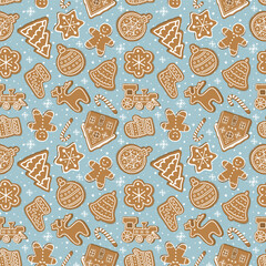 Christmas Cookies Pattern. Seamless Print with Gingerbread Cookies. Gingerbread House, Deer, Sock, Gingerbread Man, Star. Winter Background. Template. Vector illustration on Light Blue Background