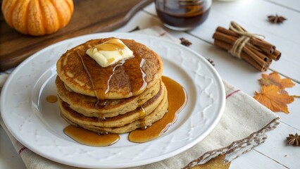 Cozy Stack of Pumpkin Pancakes with Maple Syrup on White Plate - 5