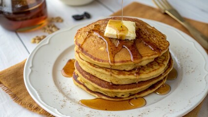 Cozy Stack of Pumpkin Pancakes with Maple Syrup on White Plate - 4