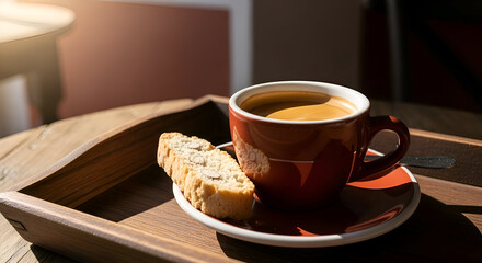 Freshly Brewed Coffee and Biscotti: Morning Ritual on A Wooden Tray in Light