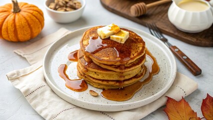 Cozy Stack of Pumpkin Pancakes with Maple Syrup on White Plate - 2