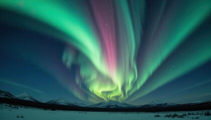 A vibrant display of the Aurora Borealis, with swirling greens, pinks, and purples dancing across the night sky above a snowy landscape.