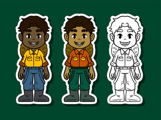 Boy gardener smiling in shirt and pants sticker illustration