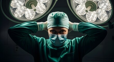 Surgeon in green scrubs and mask prepares for surgery under bright operating room lights.