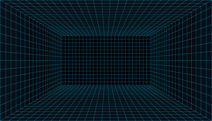 Simple futuristic 3D perspective grid in glowing blue against a dark background, representing virtual reality, data environments, or technology.