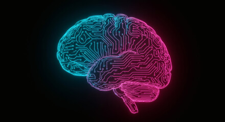 AI brain hologram with neon circuits, representing health and artificial intelligence integration, dark background with glowing effect