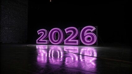Futuristic 2026 Neon Numbers in Purple on Black Background - 8