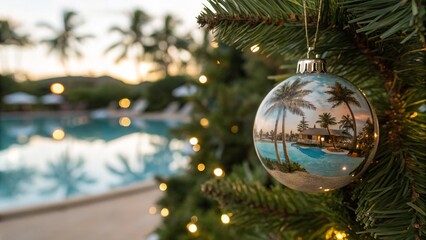Glass Christmas Ornament Reflecting Tropical Resort and Palm Trees - 8